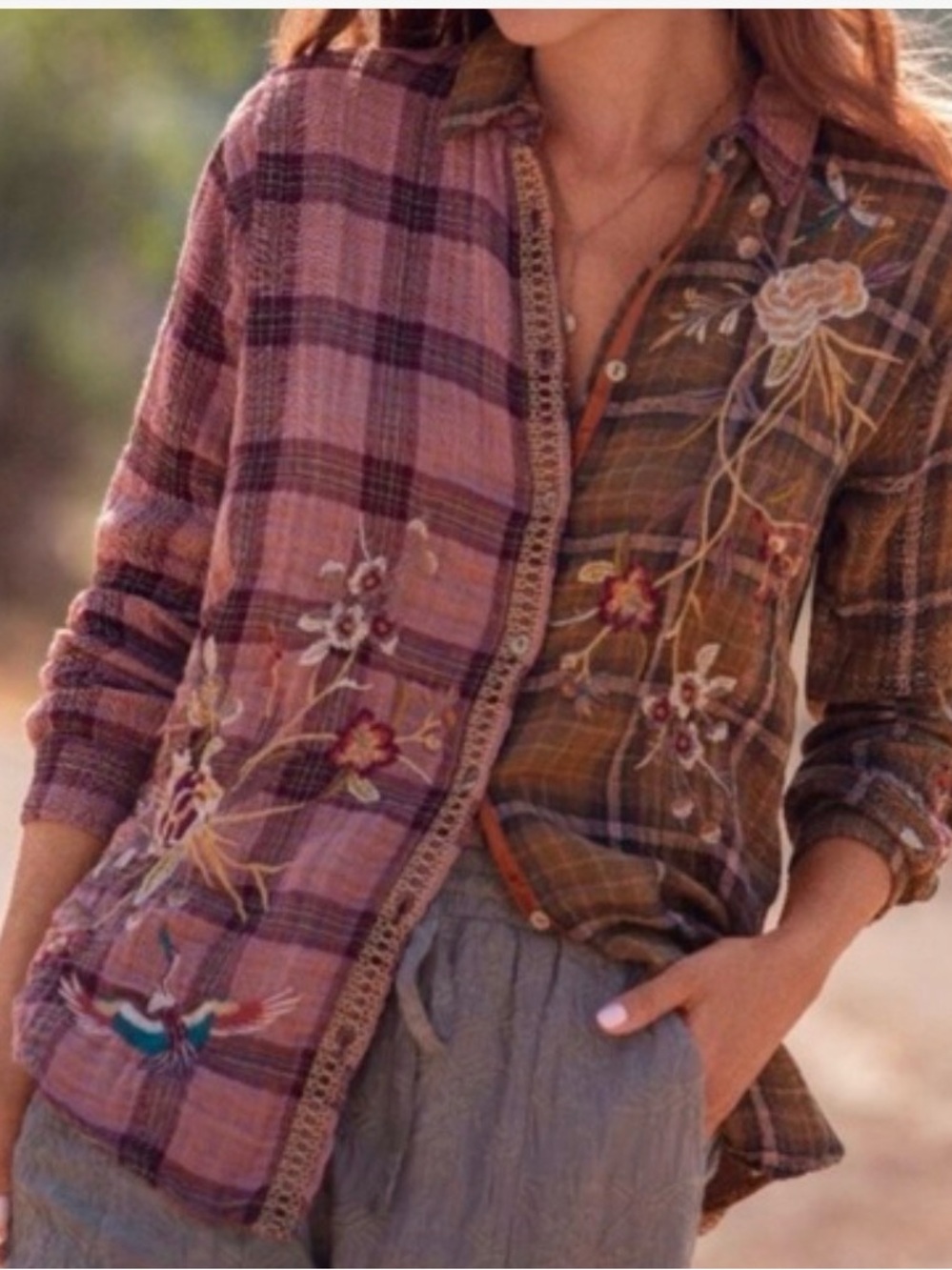 Johnny Was Workshop Two-Tone Embroidered Plaid Button Down Pink & Brown Medium